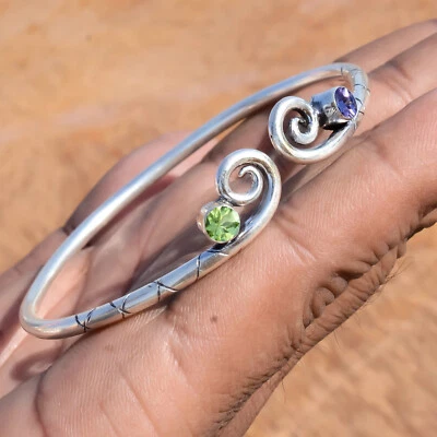 Peridot Cut & Amethyst Cut Gemstone 925 Sterling Silver Bracelet Everyone Gift - Image 1 of 4