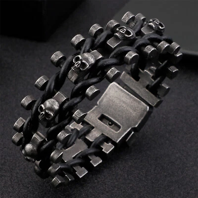 Black Stainless Steel Skull Bracelet 25mm Wide Men Punk Rock Leather Bracelet 9" - Image 1 of 4