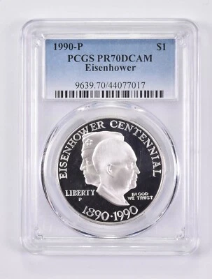 1990-P PR70 DCAM Eisenhower Commemorative Silver Dollar PCGS - Image 1 of 4