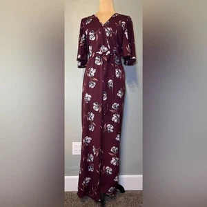 Maurice’s Maroon Floral Tie Waist Belt Jumpsuit Romper Medium - Picture 1 of 10