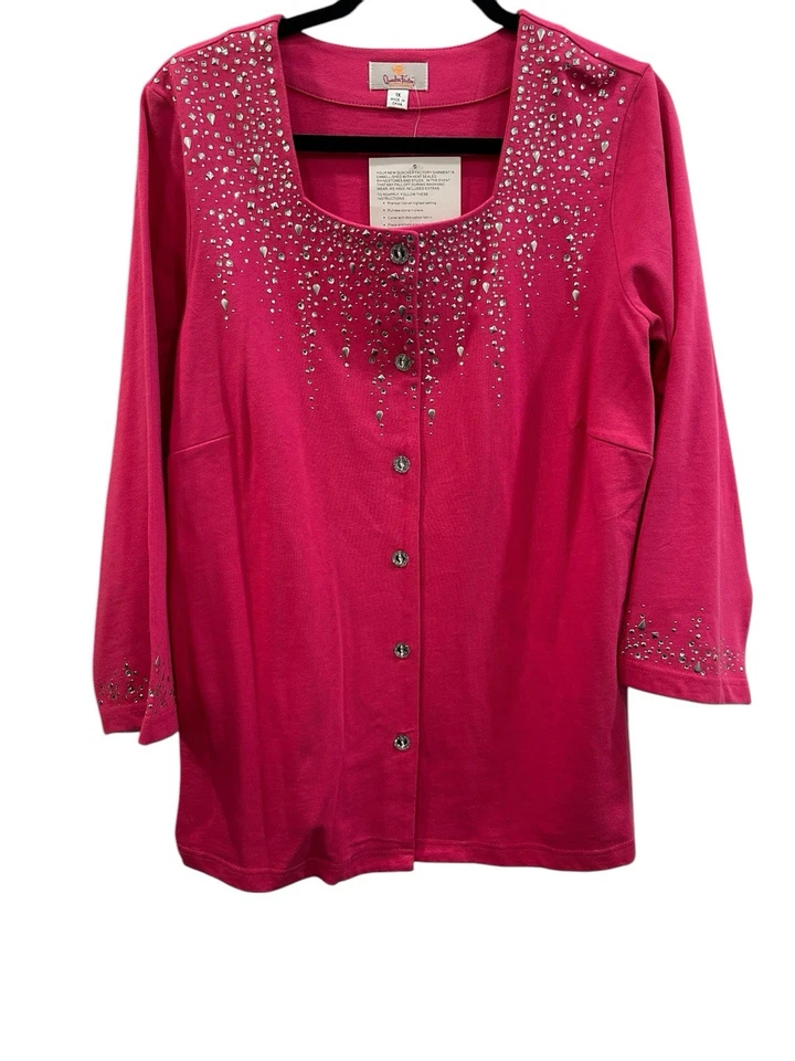 NWT QUACKER FACTORY SQUARE NECK CARDIGAN W/RHINESTONE & STUD, HIBICUS PINK 1X - Image 1 of 4