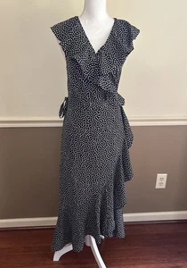 NWT Max Studio Midi Wrap Dress LARGE Black White Polka Dot Hi Low Sleeveless - Picture 1 of 8