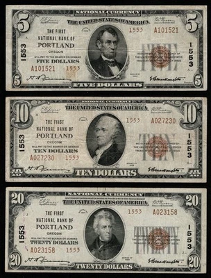 Set of 3 1929 $5, $10, $20 Type 2 the First NB of Portland Oregon CH# 1553 (BEJ) - Image 1 of 2