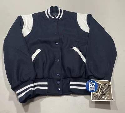 NEW Navy Leather & Wool Holloway Varsity Jacket Shoulder Stripes Ladies Sz: XL - Image 1 of 4