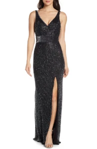 MAC DUGGAL 1070L schwarz metallisch Göttin Perlen Pailletten V-Ausschnitt hochschlitz Maxikleid 6 - Bild 1 von 9