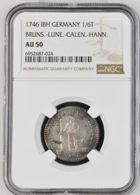 1746 IBH German States Brunswick Lunenberg. 1/6 Taler 6 MG. NGC AU 50 - Image 1 of 2