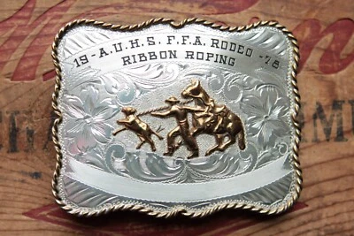 Vtg B-K Sterling Silver Front AUHS FFA Rodeo Ribbon Roping Trophy Belt Buckle - Image 1 of 3
