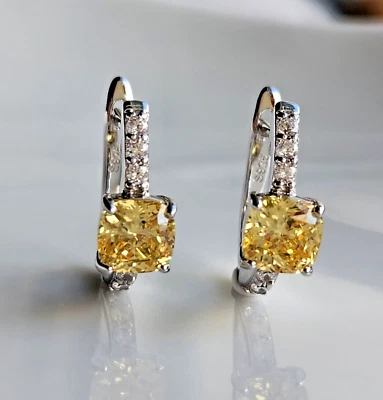 925 Sterling Silver 2.5CT Created Canary Diamond Sapphire HOOP Stud Earrings - Image 1 of 4