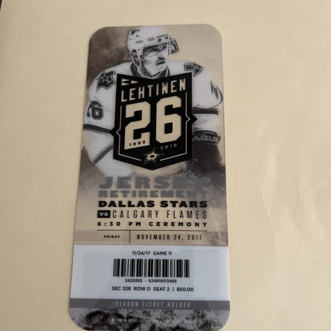 DALLAS STARS JERE LEHTINEN VERY RARE  JERSEY RETIREMENT TICKET 2017 Cover