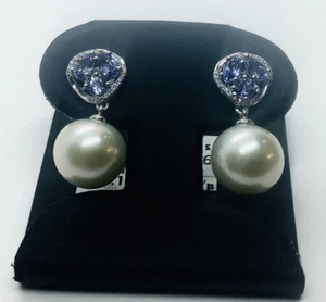 Pendientes colgantes de diamantes de oro blanco de 14 k de tanzanita y perlas del Mar del Sur - Imagen 1 de 8