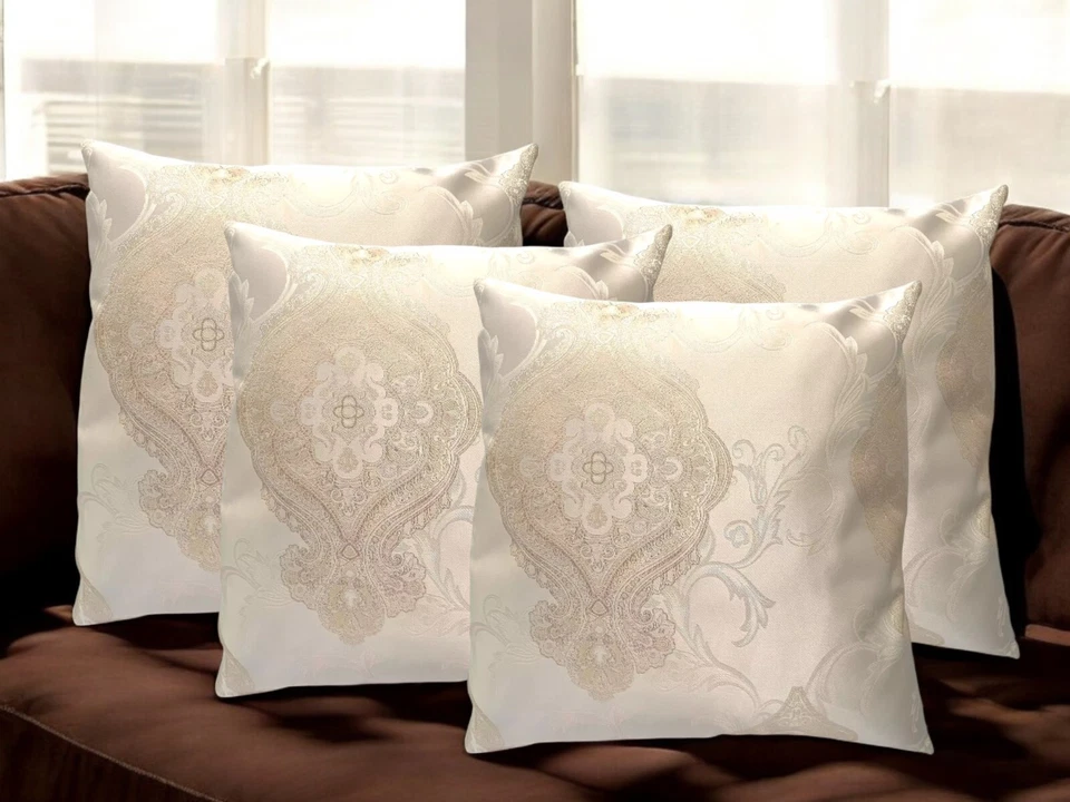 SET OF 4 CUSHION COVERS Cream Golden Thread Jacquard Damask 18x18" - Image 1 of 4