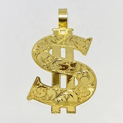Pesado colgante de fianza con bisagras de letrero de dólar de 4" de hip hop de oro amarillo de 14 quilates 111,1 g Foto 1 de 4