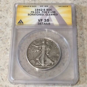 1942-S 50c Walking Liberty Half Dollar ANACS VF 35 Details FS-101 FOX V-106 - Picture 1 of 2