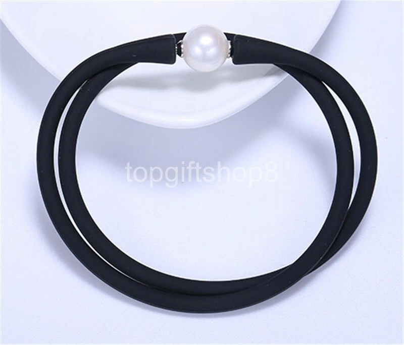 Collar informal de silicona negro collar minimalista de perlas blancas de agua dulce de 11 mm Foto 1 de 2