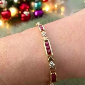 14K Yellow Gold Plated 3Ct Princess Lab Created Ruby Women's Tennis Bracelet - Picture 1 of 4