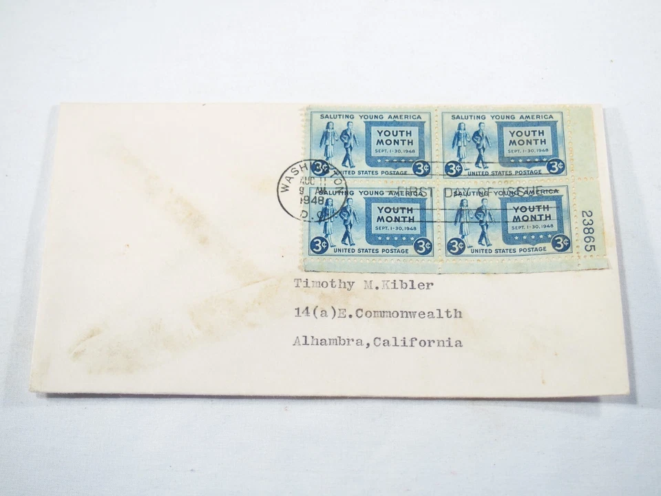 3 cent block with selvage number Saluting America Aug 11, 1948 FDC scott 963 - Image 1 of 1