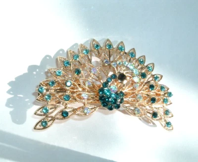 FABULOUS JEWELED AQUAMARINE RHINESTONE PEACOCK 3" HAIR BARRETTE NWT - Image 1 of 3