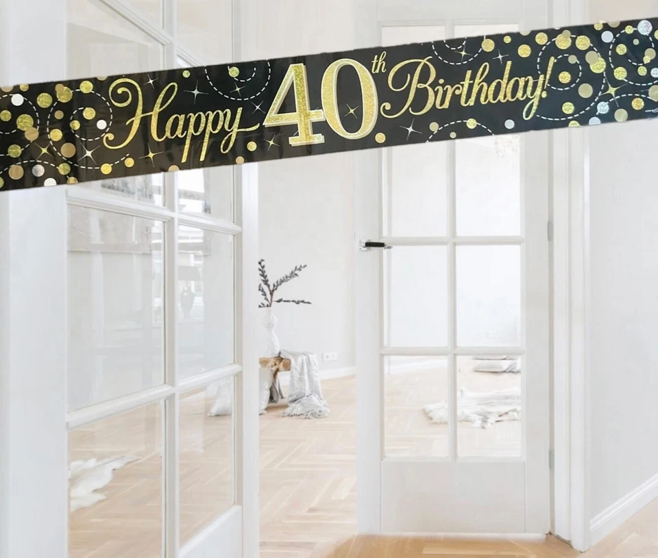 OAKTREE Happy 40th Birthday Black & Gold Themed Door/Wall Banner. 40th Party Decorations