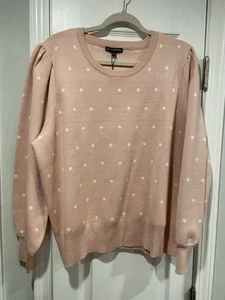 NWT Adrianna Papell Size 3X Pink White Polka Dot Knit Puff Sleeve Crew Sweater - Picture 1 of 12