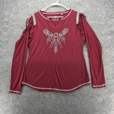 Panhandle Slim Shirt Womens 2XL Burgundy Cold Shoulder Fringe Western V Neck - Image 1 of 4