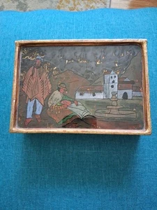 Peruanische umgekehrt bemalte Glas Holz Andenken Box 6,5" x 4,5" Vintage - Bild 1 von 17