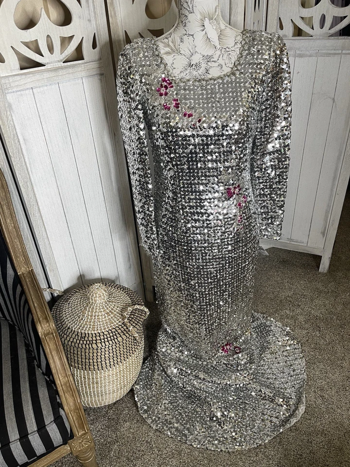 Vestido Sirena Vintage Años 60’s 70 Plateado Lentejuelas Metálico Floral Glamour Hollywood Foto 1 de 4