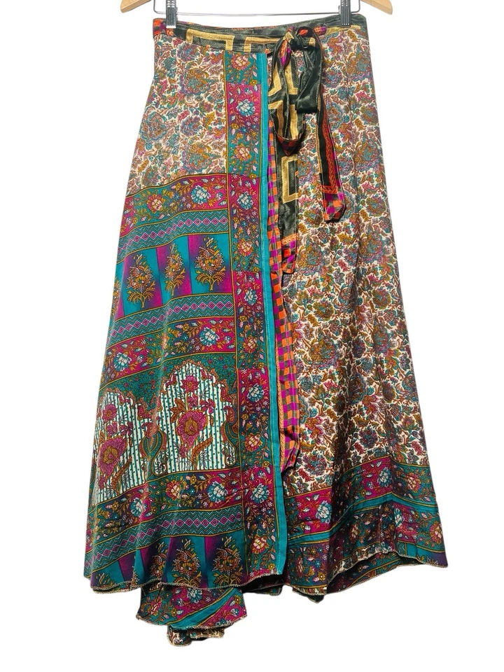 Recycled 100% Silk Long Maxi Wrap Skirt Free Size Floral Patchwork Gypsy Boho - Image 1 of 4