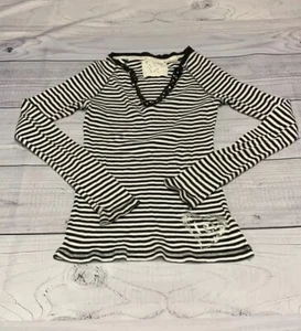 Girl’s l.e.i. Long Sleeve Top, Large, V-neck, Black, White, Striped, Cotton - Picture 1 of 5