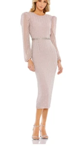 MAC DUGGAL 93622 LONG SLEEVE PUFF SLEEVE BEADED MIDI VINTAGE LILAC DRESS 2 - Picture 1 of 5