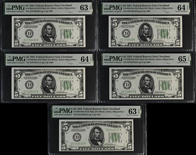 🌟RARE Gem Uncirculated Quintet of  Consecutive 1934 $5 Federal Reserve Notes🌟 - Image 1 of 4