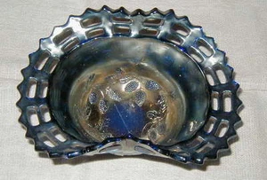 OLD FENTON COBALT BLUE CARNIVAL ART GLASS BASKET, WEAVE PATTERN w BLACKBERRIES ! - Picture 1 of 5