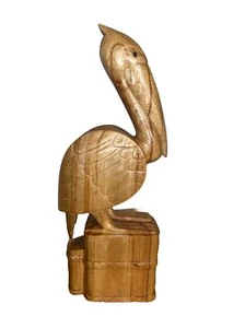 16" PELIKAN AUF STAPEL HANDGESCHNITZT HOLZ TROPISCHE SKULPTUR VOGEL DEKOR - Bild 1 von 4