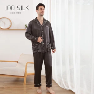 Pajama Set Mens 100% Mulberry Silk 2pcs Sets Long Sleeve Tops Pants Sleepwear Sz - Picture 1 of 31