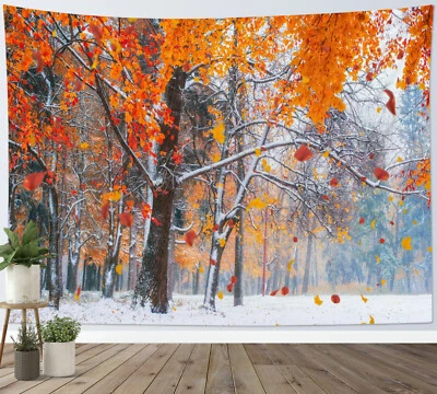 Rustic Botanical Orange Leaf Winter Forest Tapestry for Bedroom Living Room Dorm - Image 1 of 4