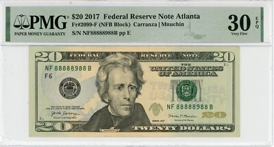 2017 $20 Atlanta Federal Reserve Note VF 30 EPQ PMG Binary SN# NF88888988B - Image 1 of 2