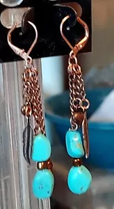 Turquoise Gemstone Earrings on Copper Leverbacks Dangle Chains Heart Leaf Charms - Picture 1 of 8