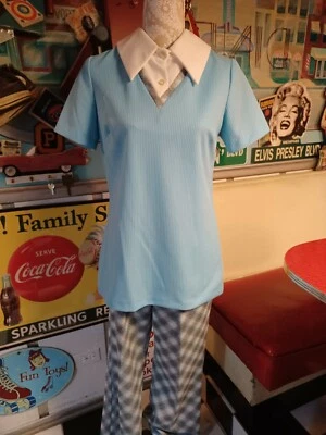 True Vtg Mid-century 1960s Mod Blue & Plaid Pantsuit Size 14 MCM Top Pant - Image 1 of 4