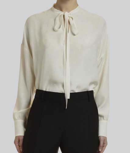 Camicia top donna Valentino $1690 stampa logo raso cravatta taglia IT 48 US 12