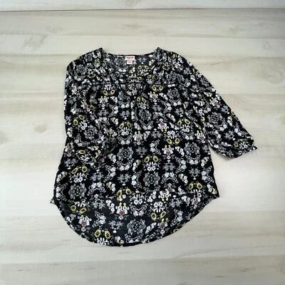 Mossimo 女式上衣 XS 黑色花卉波西米亚农民衬衫 3/4 袖衬衫 — 第 1/4 张图片