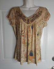 Apt 9 Peacock Print Embroidered V-Neck Cap Sleeve Silky Blouse Top Size PMED