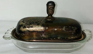 Duncan & Miller TEAR DROP CRYSTAL BUTTER DISH W/SILVER PLATED LID*FLOWER KNOB - Picture 1 of 3