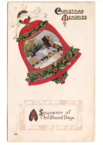 Christmas Memories, Church Scene, Holly, Bell, Antique 1913 Embossed Postcard - Bild 1 von 2