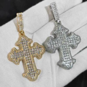 Hip Hop T Zircon Cross Pendant Necklace TopBling Gold Plated Religious Jewelry - Picture 1 of 11