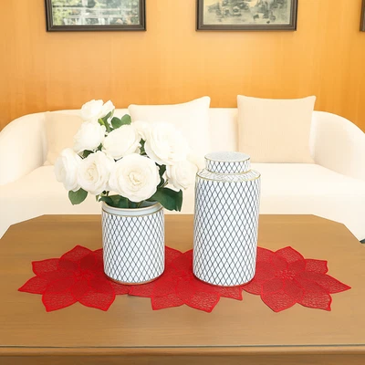 Christmas Table Runner Red Shiny Vinyl Poinsettia Pattern 35"x13.5" - Image 1 of 4