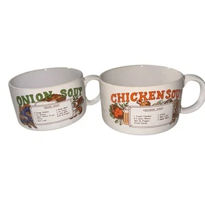 Par de tazones de sopa de recetas vintage tazas cebolla y pollo grandes - Imagen 1 de 10