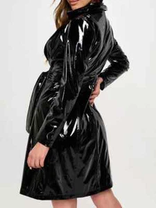 Glossy Patent Leather Long Trench Coat Women Gothic Dress With Belt PVC Dress - Picture 1 of 7