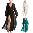 Women Long Sleeves Swimsuit Cover Up Dress Semi-Sheer V-Neck Solid Color