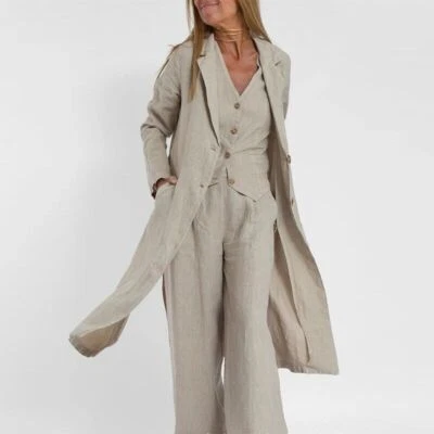 Women's suit jacket vest/top+pants new patchwork cotton linen casual set - Image 1 of 4