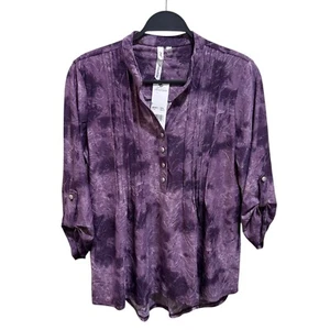 NY Collection Size M Purple Print Pintuck 3/4 Roll Tab Sleeve Blouse NWT - Picture 1 of 11