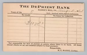 Postkarte UDB The DePriest Bank Einlagenbeleg Massie's Mill Virginia um 1921 - Bild 1 von 2